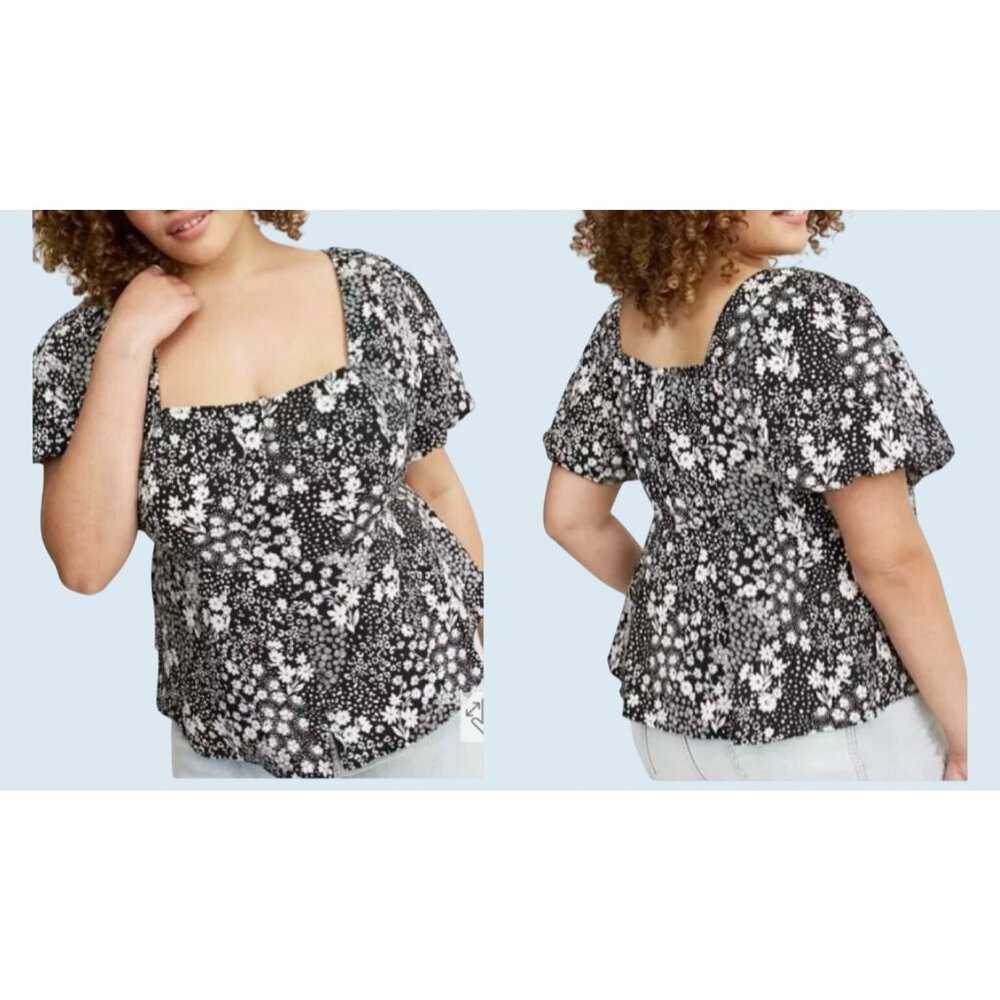 TORRID Peplum Square Neck Puff Sleeve Black & White Floral Top Sz L NEW